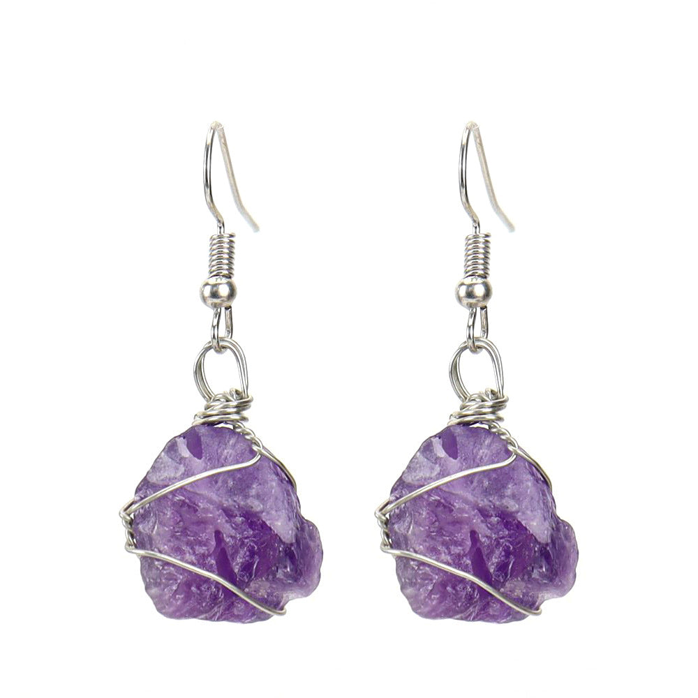 Wholesale New Handmade Silver Wound Natural Rough Crystal Agate Tourmaline Earrings